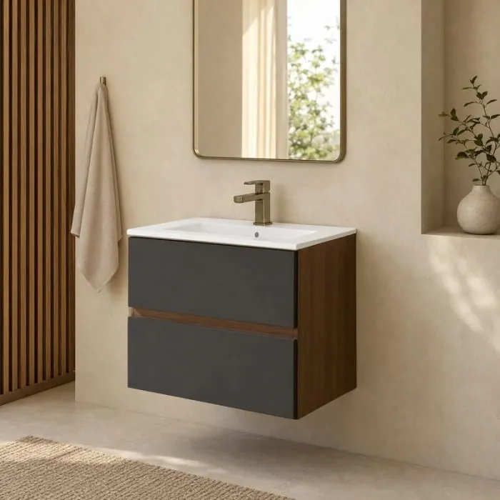 Mobilier suspendat pentru lavoar 80 cm, front neted nero mat, cu laterale rovere moka, Fluminia Genova
