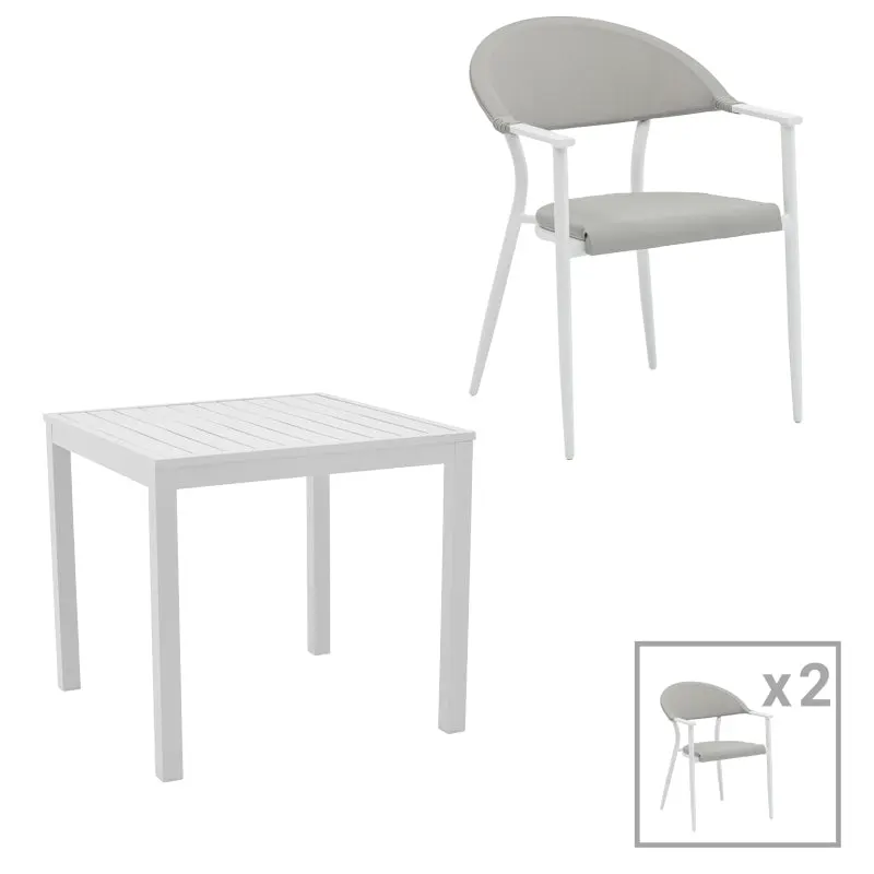 Set de 3 buc masa si scaune de gradina Kliton Pino din aluminiu, alb, 80x80x74 cm - Alb