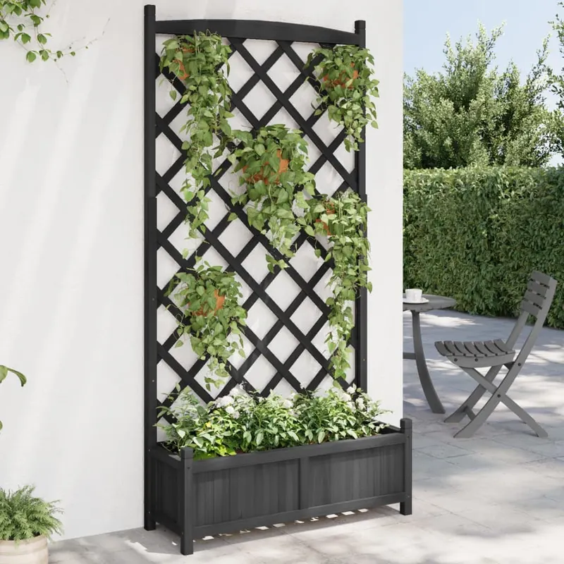 jardiniera cu spalier, negru, lemn masiv de brad