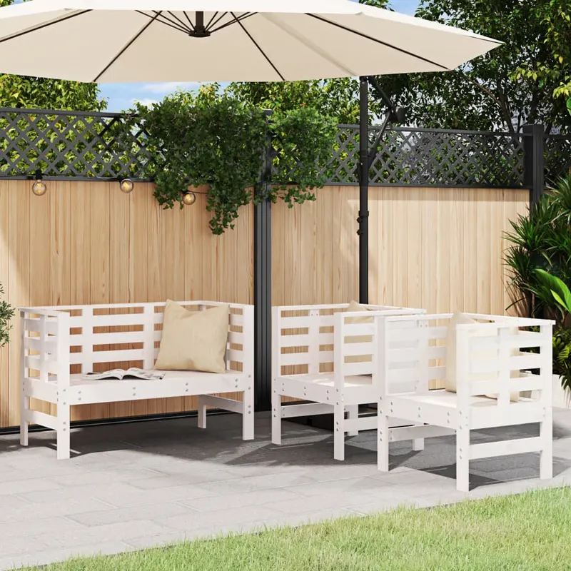 set mobilier de gradina, 3 piese, alb, lemn masiv de pin