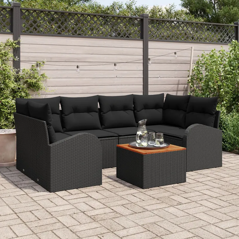set de 7 piese sofa de gradina cu pernute negru poliratan acacia