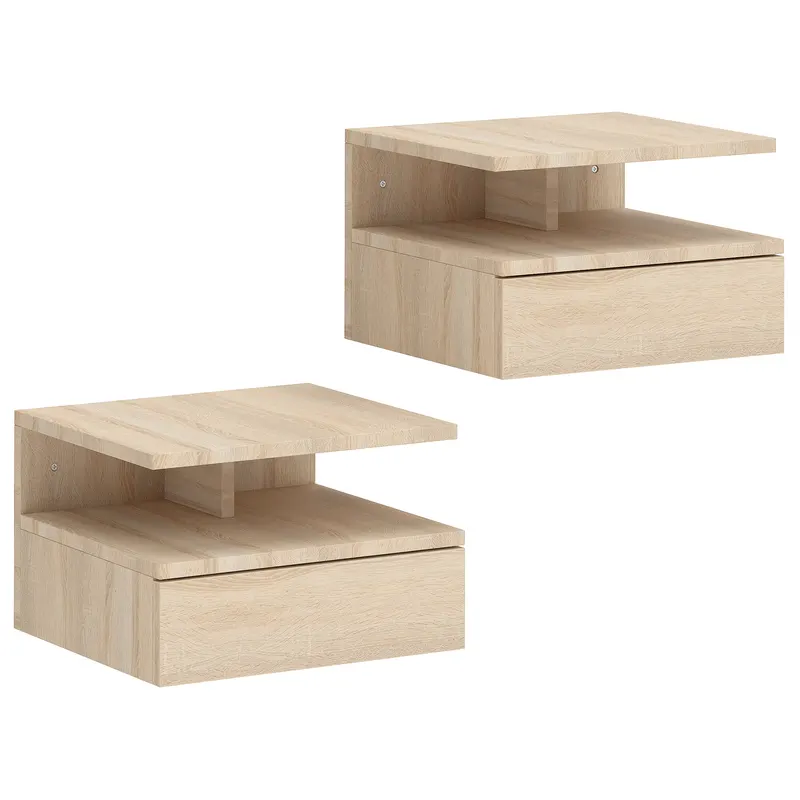 HOMCOM Set de 2 Noptiere Suspendate pe Perete cu Sertar, Stejar