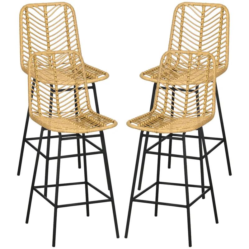 HOMCOM Set de 4 taburete de bar, scaune de bar, spătar împletit și suport pentru picioare, cadru din oțel, 42,5x52x102cm, galben