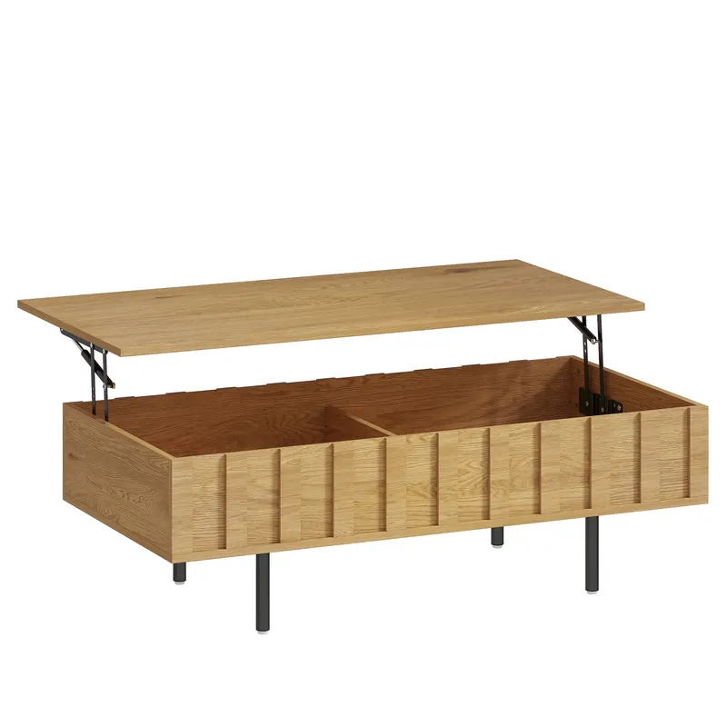HOMCOM Masă de cafea rabatabilă cu 2 compartimente ascunse și laterale canelate, Stil Mid-Century Modern, 110x55x36,5cm, Stejar