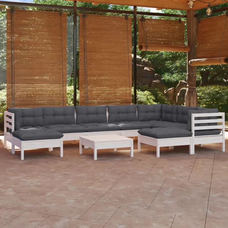 set mobilier gradina cu perne, 10 piese, alb, lemn masiv pin