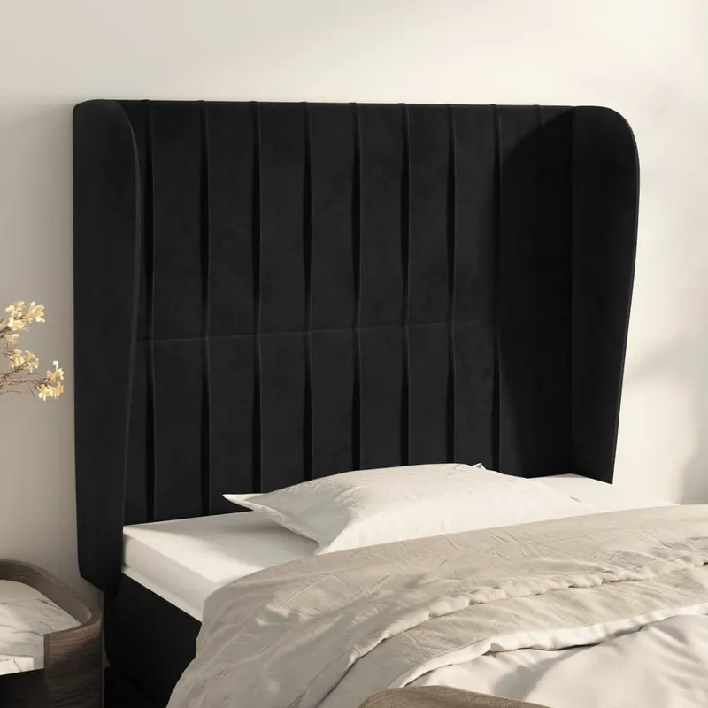 Tablie de pat cu aripioare, negru, 103x23x118/128 cm, catifea