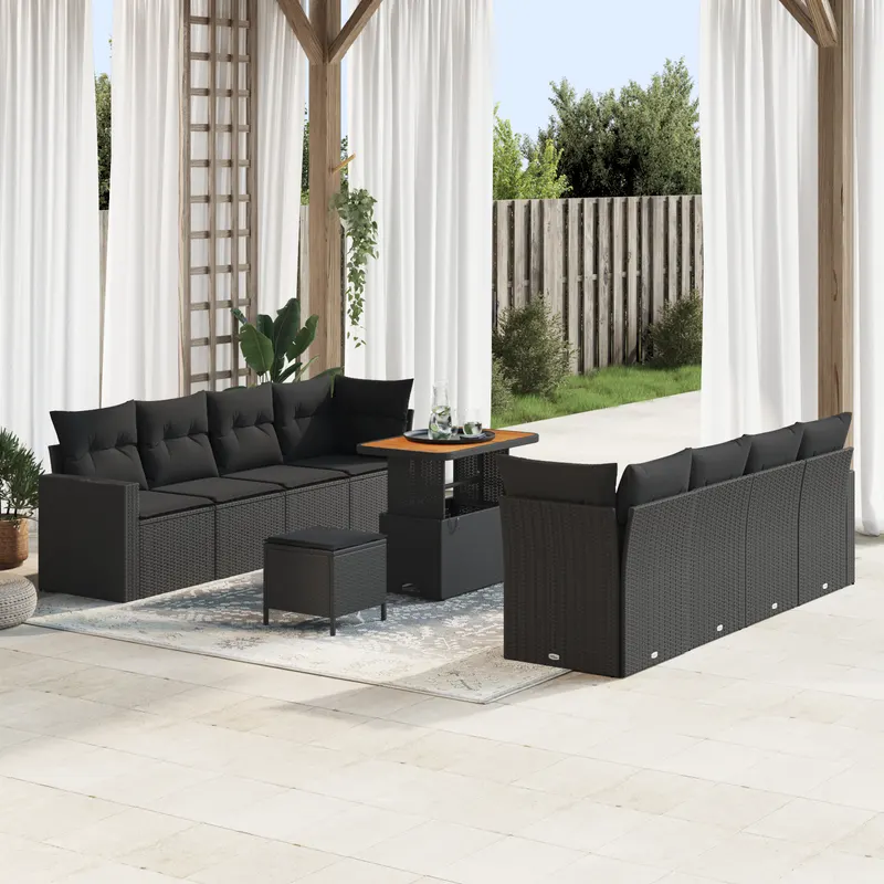 Set de sofa pentru gradina cu 11 piese cu perne negru poliratan acacia, set de masa pentru gradina cu 3 piese cu perne negru poliratan acacia