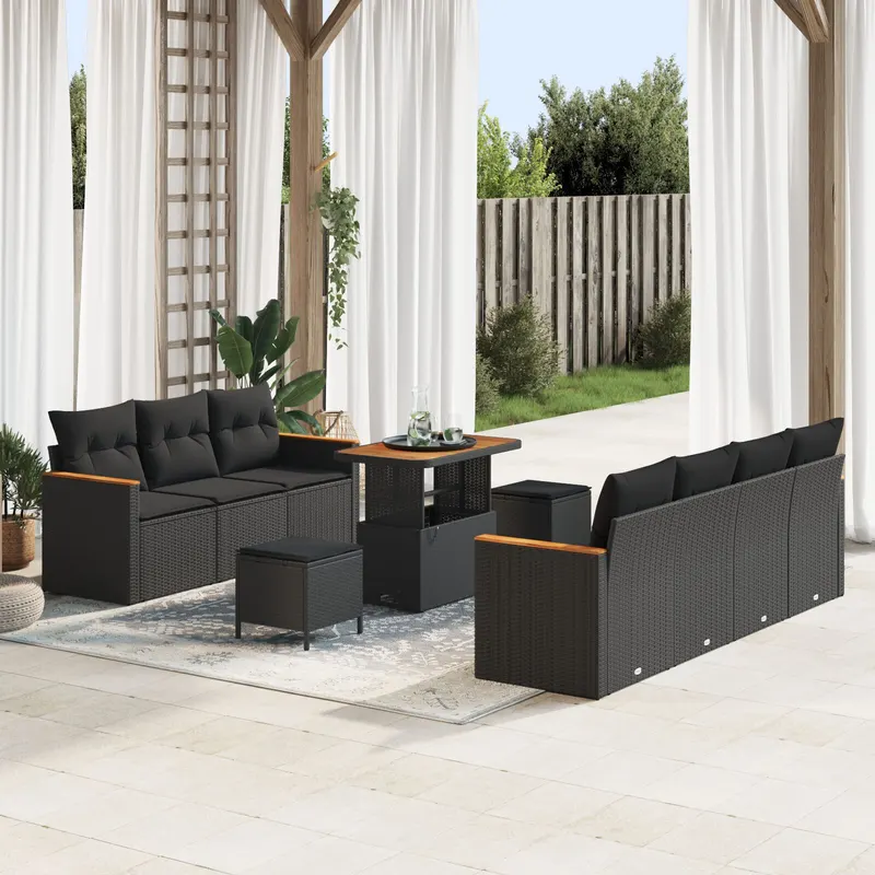 set canapele gradina 10 piese cu perne negru ratan poliester acacia, set masa gradina 3 piese cu perne negru ratan poliester acacia