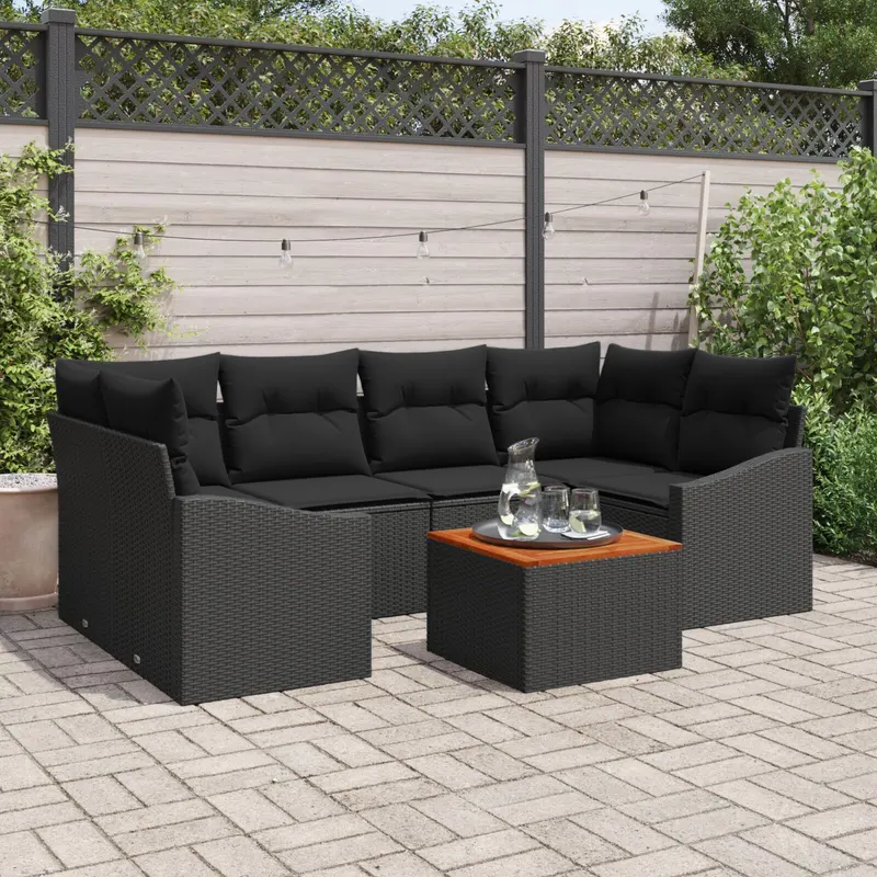 set de canapea de gradina cu 7 piese si perne negru poliratan acacia