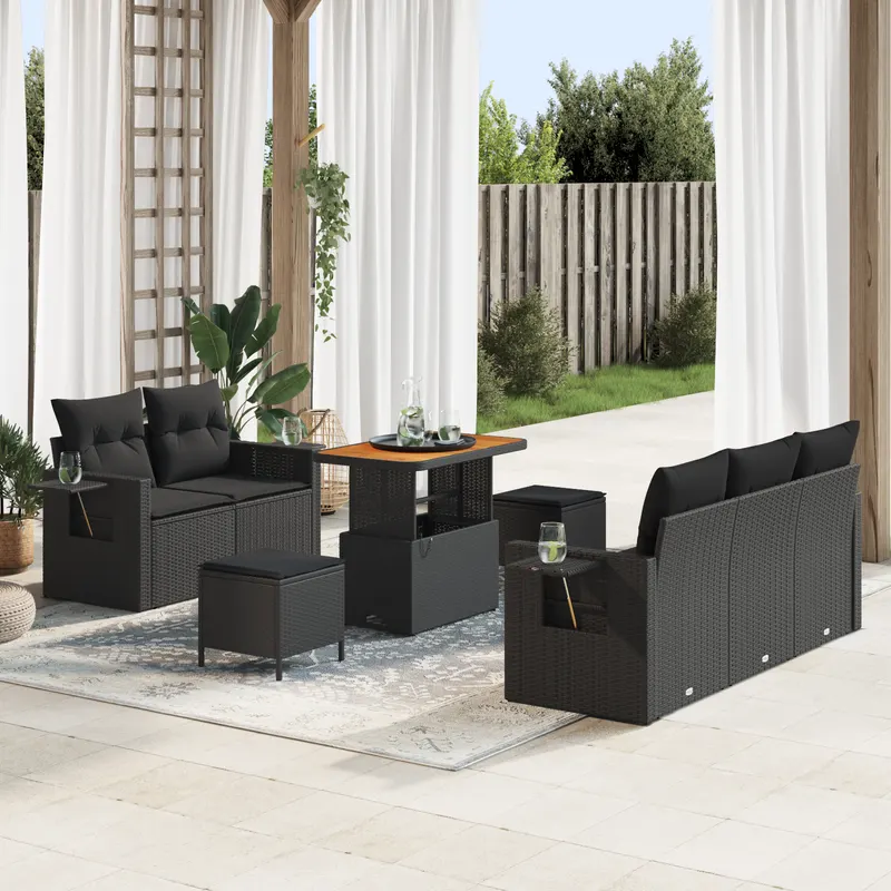 Set canapea pentru gradina cu 8 piese si perne black poly rattan acacia, set dining de gradina cu 3 piese si perne black poly rattan acacia