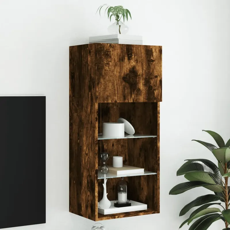 comoda tv cu lumini led, stejar fumuriu, 40,5x30x90 cm