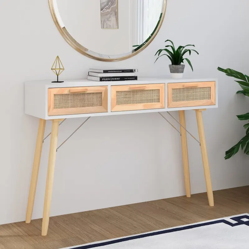 masa consola alb 105x30x75 cm lemn masiv pin si ratan natural