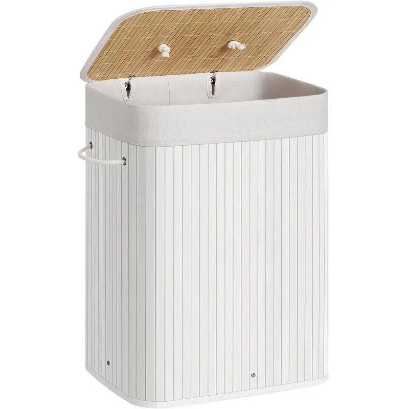 Cos rufe bambus pliabil captuseala detasabila lavabila 72l, 40x30x60 cm, design natural, alb