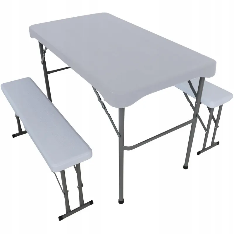 Set mobilier camping pliabil masa 108x60 cm 2 banci metal, cadru gri, blaturi albe