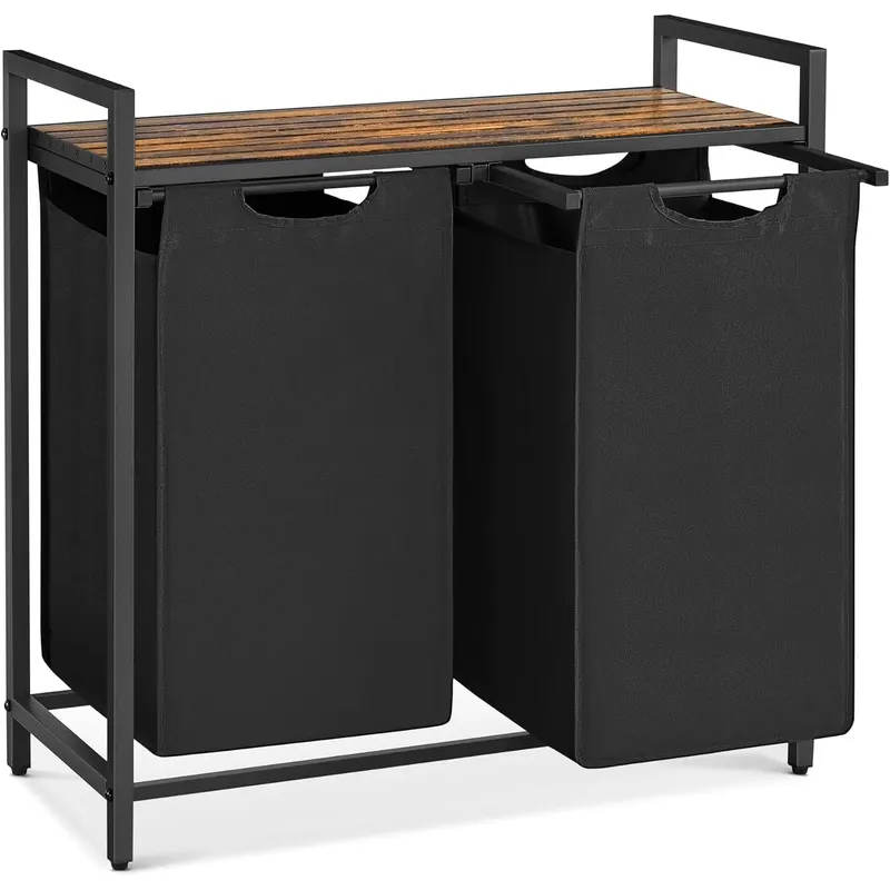 Cos de rufe, 2 compartimente, saci de rufe detasabili, raft, cadru metalic, 2x46L, 73x33x72 cm, maro rustic si negru