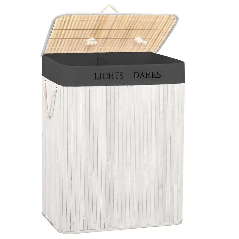 Cos rufe bambus pliabil 2 compartimente sac detasabil 105l, 63x52x33 cm, organizare, alb gri inchis