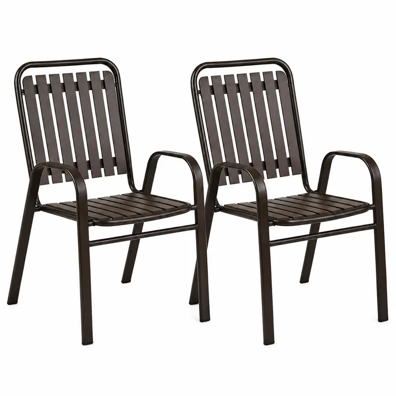 Set 2 scaune de gradina cu brate, PP si cadru metalic, 56x63x89 cm, maro