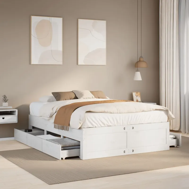 cadru pat fara saltea/cu sertare alb 140x200 cm lemn masiv pin