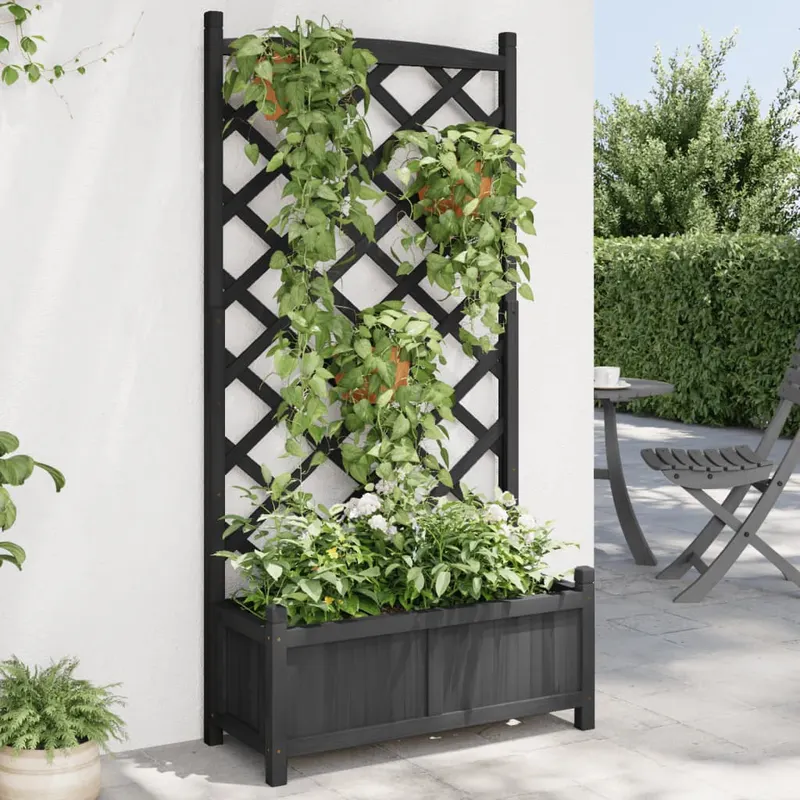 jardiniera cu spalier, negru, lemn masiv de brad