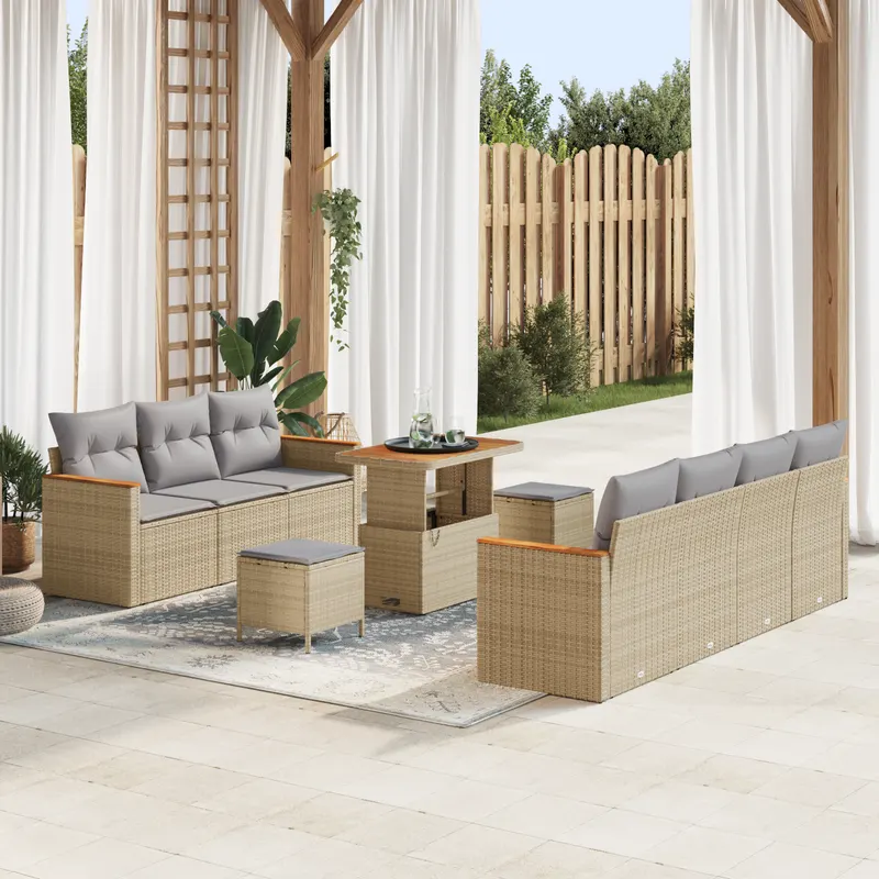 Set sofale gradina cu pernute bej ratan poliester acacia, set dining gradina cu pernute bej ratan poliester acacia