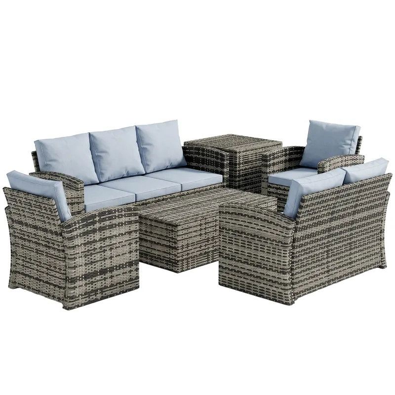 Outsunny Set de mobilier de gradina din ratan de 6 piese, canapea si 2 fotolii tapitate pentru 7 persoane, bej