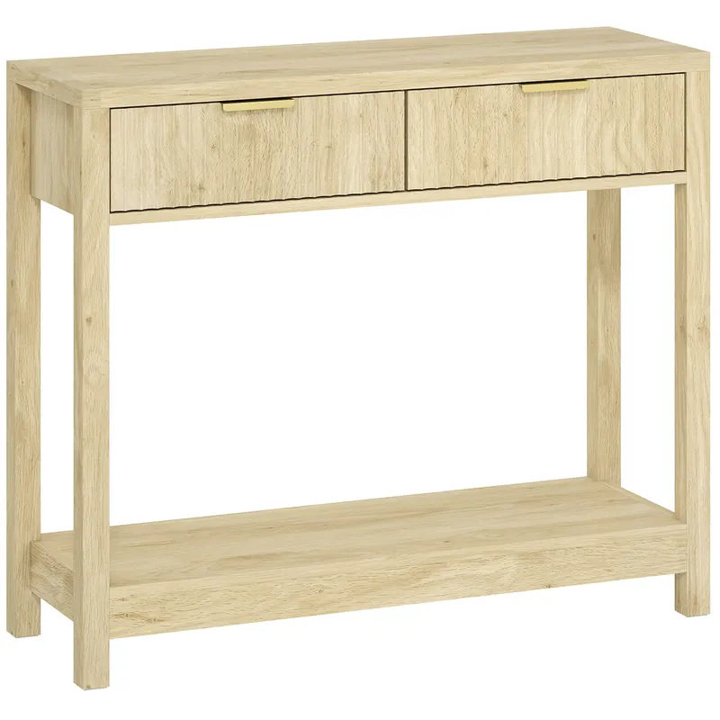 HOMCOM Consolă 90 cm, masă consolă îngustă cu 2 sertare canelate și raft, stil modern, lemn natural