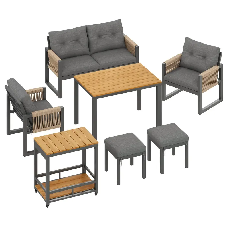 Set modern de canapea pentru exterior, masă detașabilă, cotiere împletite și perne groase de șezut, Gri+Culoare naturală
