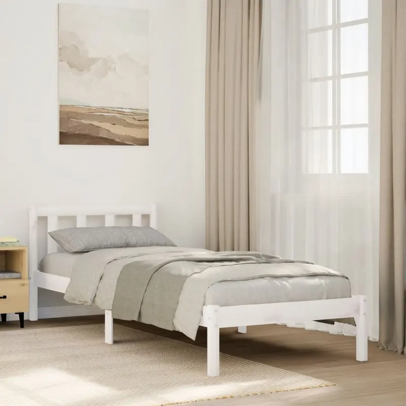 cadru pat foarte lung fara saltea alb 90x210 cm lemn masiv pin