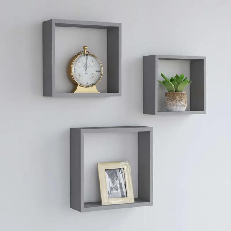 rafturi cub de perete, 3 buc., gri, mdf
