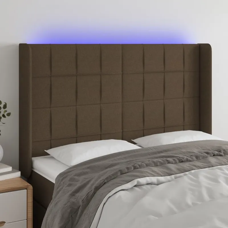 tablie de pat cu led, maro inchis, 147x16x118/128 cm, textil