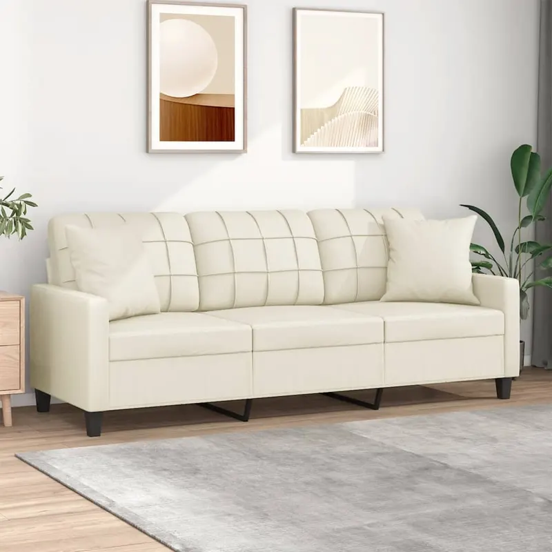 canapea cu 3 locuri cu pernute, crem, 180 cm, piele ecologica