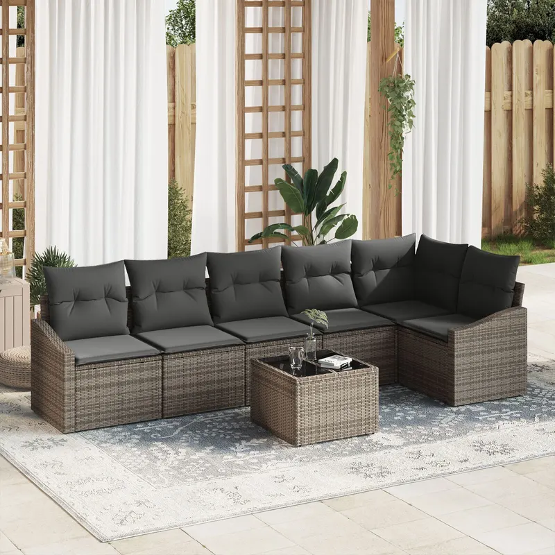 set de masa de gradina cu 6 piese si perna neagra din poliratan
