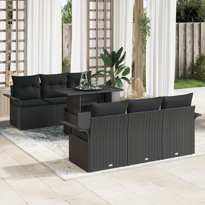 Set canapele gradina 7 piese negru ratan poli, canapea gradina 2 persoane cu depozitare si perne negru ratan poli