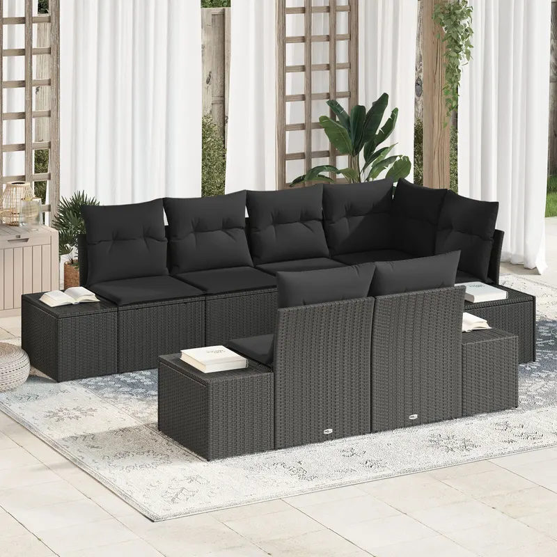 set de canapea de gradina cu 7 piese si perne, negru, poliratan