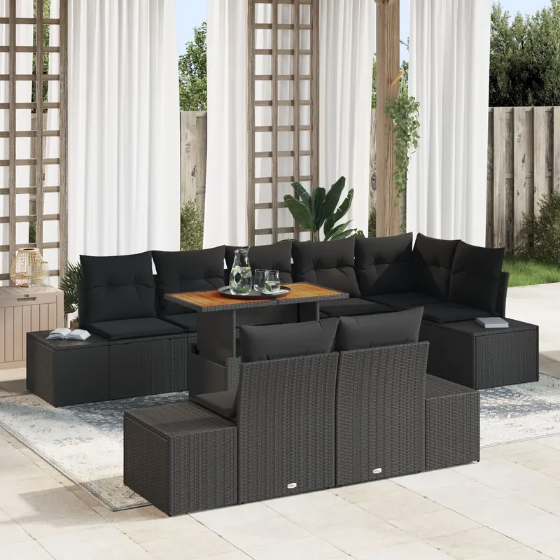 set de mese de gradina de 9 piese cu perne negru ratan poli acacia