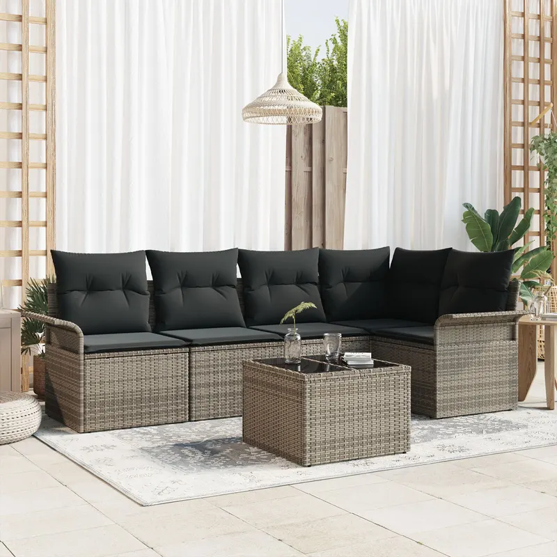 Set de 5 piese canapea de gradina cu perna neagra din ratan polimeric, canapea de gradina cu 2 locuri cu spatiu de depozitare & perne gri din ratan polimeric