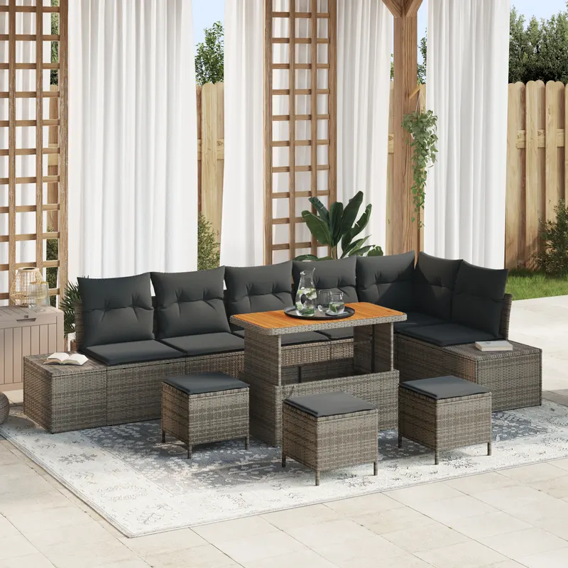 Set canapea gradina 10 piese cu perne gri din ratan acacia, canapea gradina 2 locuri cu perne gri din ratan, set dining gradina 4 piese cu perne gri din ratan acacia