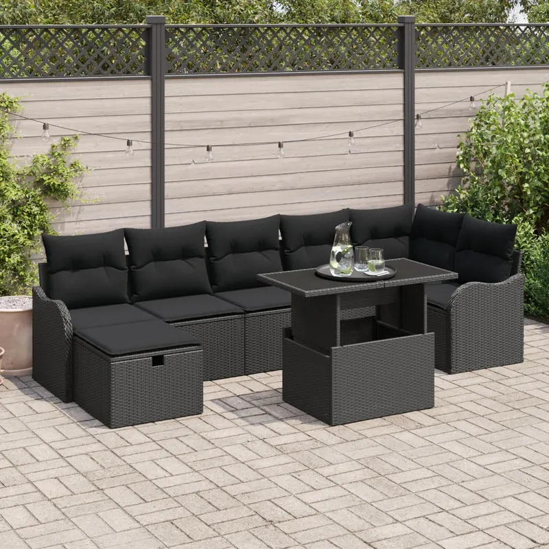 Set de canapea pentru gradina 8 piese cu perne negru poliratan, set de canapea pentru gradina 2 locuri cu perne negru poliratan