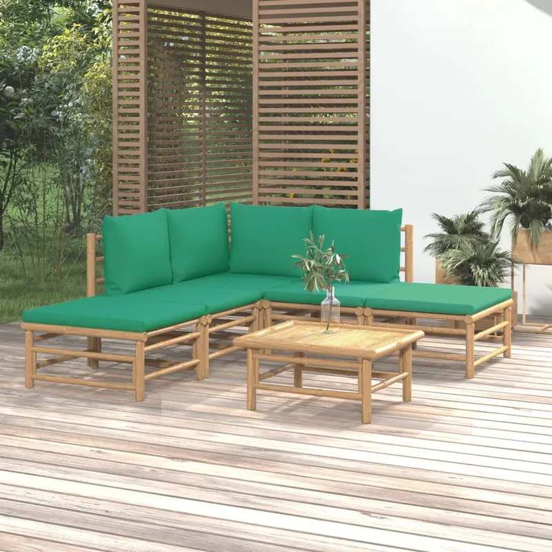 set mobilier de gradina cu perne verzi, 6 piese, bambus