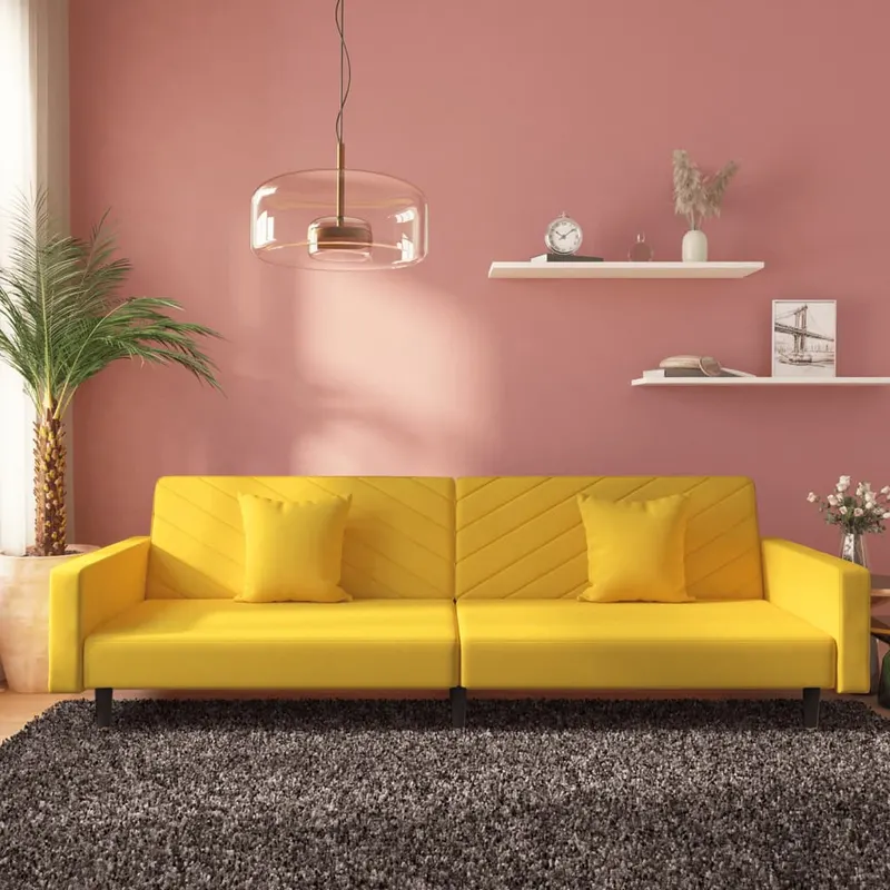 canapea extensibila cu 2 locuri, 2 perne, galben, catifea