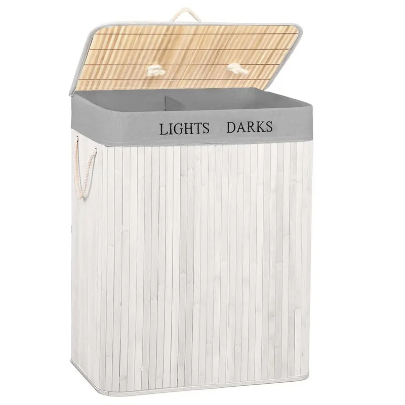 Cos rufe bambus pliabil 2 compartimente 105 litri, 63x52x33 cm, capac inclus, alb gri