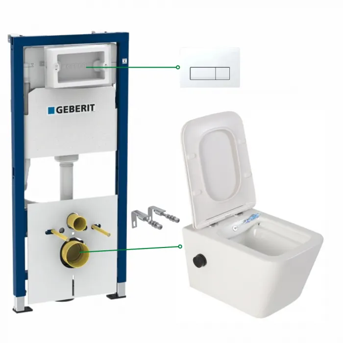 Set vas wc suspendat cu functie bideu si baterie negru mat Safari, rezervor wc incastrat si clapeta alb alpin, Geberit Delta 51