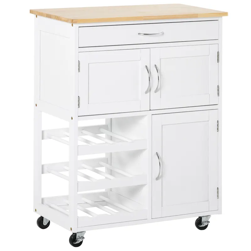 HOMCOM Cărucior Bucătărie cu Suport Sticle, Lemn de Cauciuc și MDF, 67x37x87cm, Design Elegant, Alb