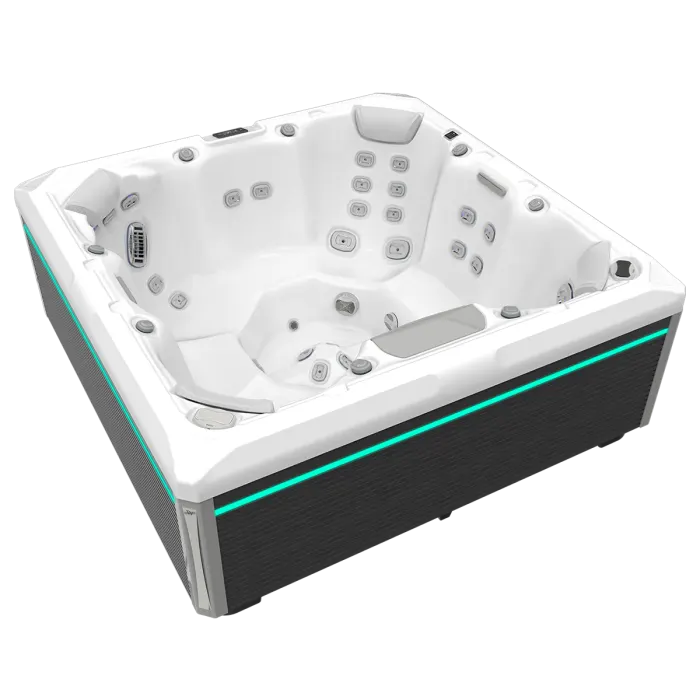 Minipiscina jacuzzi 7 persoane, alb-lucios, 46 jeturi, 215 x 215 cm, WiFi, Gecko IN.YE-3, sistem In-line WIS, scara SMART-IN STEP PEAKLIFE, Wellis Mandala Life Premium Plus