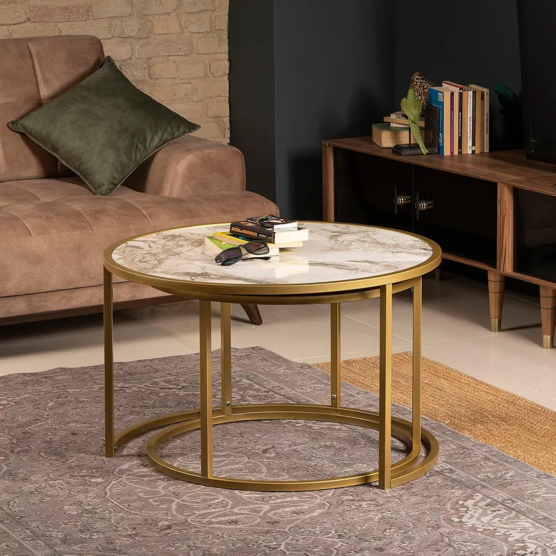 Masa de cuibarit (2 bucati) Tambur - Gold, Aur, 66x66x43 cm - Auriu