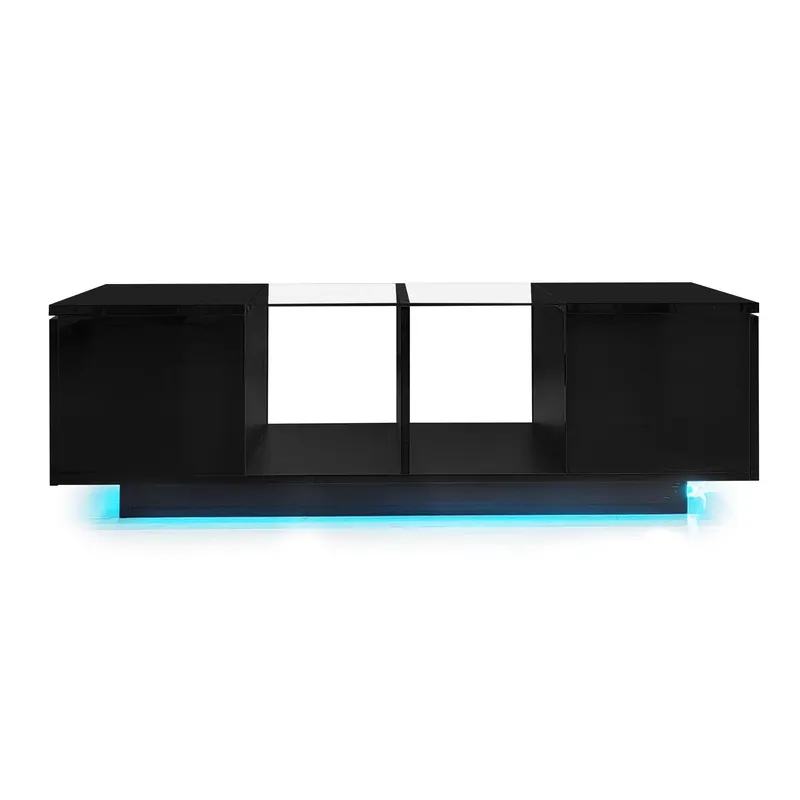 Masă de cafea cu iluminare LED, blat de masă lucios, spațiu de depozitare generos, 120x50x38,5 cm, Negru