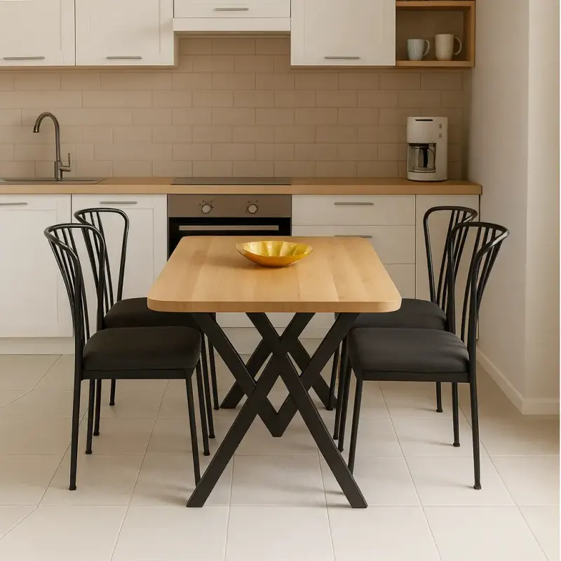 Set masa cu 4 scaune metal, Amsterdam , nuc/negru 70 x 110 cm