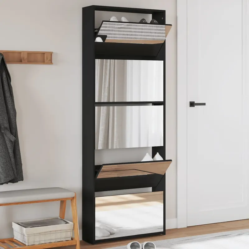 pantofar cu oglinda, 5 niveluri, negru, 63x17x169,5 cm