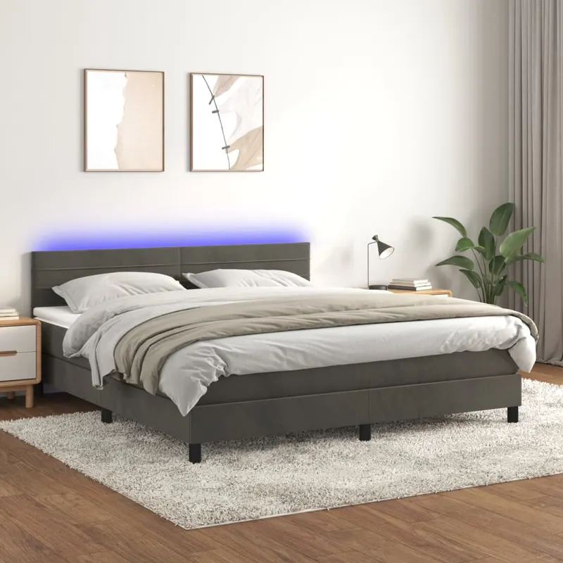 pat cu arcuri, saltea si led, gri inchis, 180x200 cm, catifea