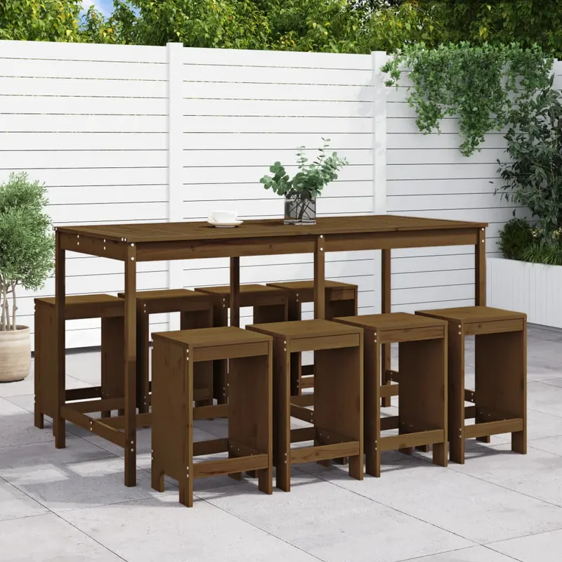 set mobilier bar de gradina, 9 piese, maro miere lemn masiv pin